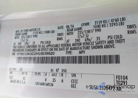 2017 Ford Escape Se from USA, damaged, VIN 1FMCU9GD2HUB39920